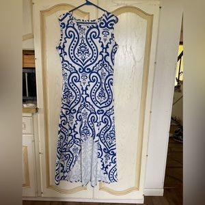 Blue and white patterned high low maxi dress size m but is more of a large